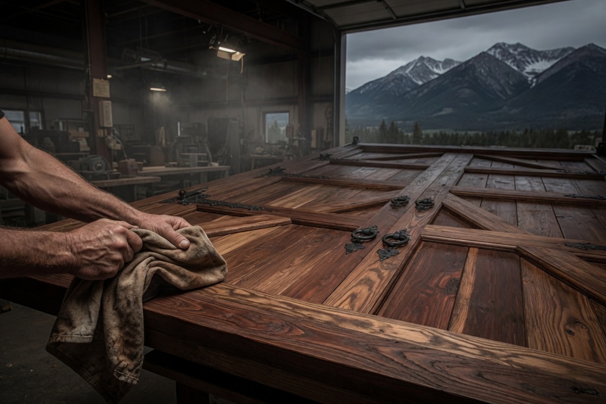 Custom wood garage door in a Montana mountain setting